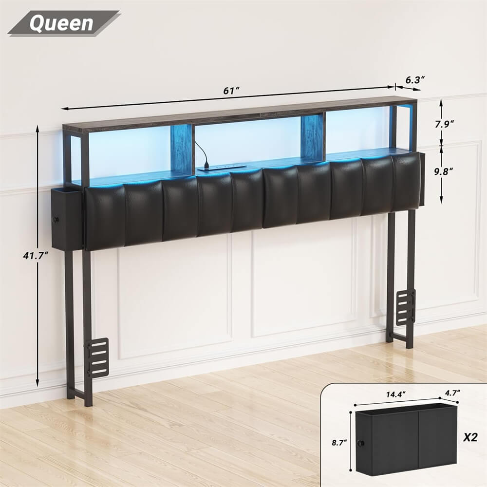 Queen Size Upholstered Headboard with 2 Hidden Drawer Storage, Power Outlet and LED Light