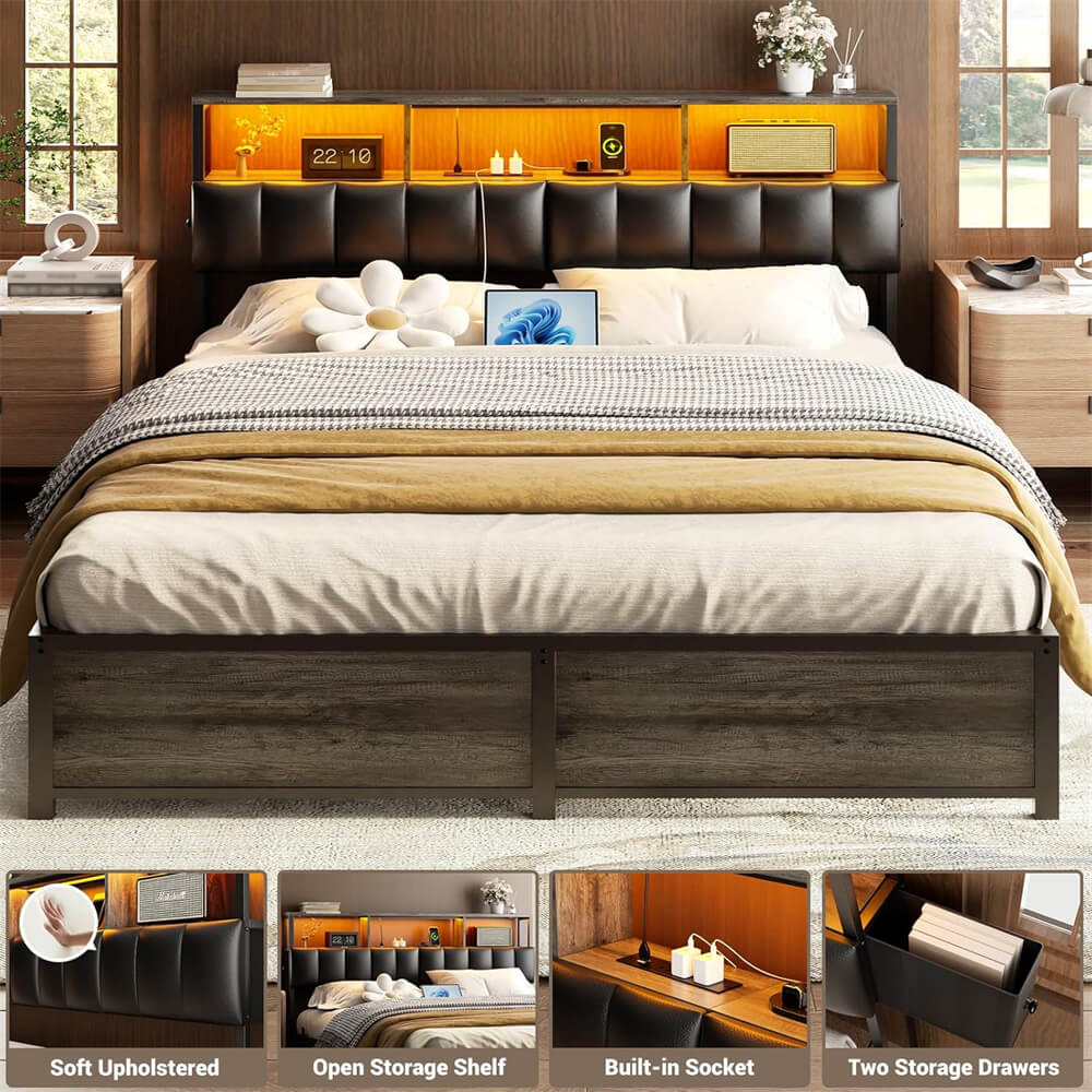 Queen Size Upholstered Headboard with 2 Hidden Drawer Storage, Power Outlet and LED Light