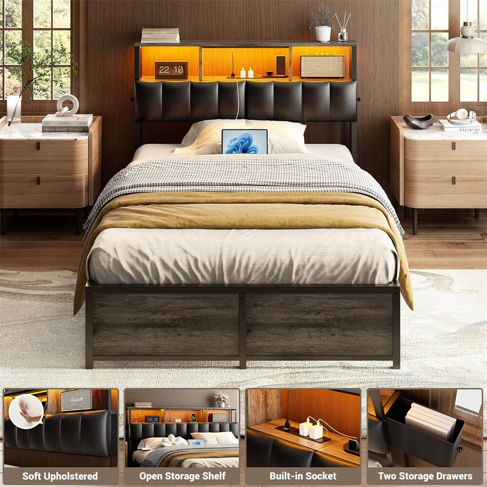 Upholstered Twin Headboard with Hidden Drawer Storage, Headboards for Twin Size with Power Outlet and LED Light