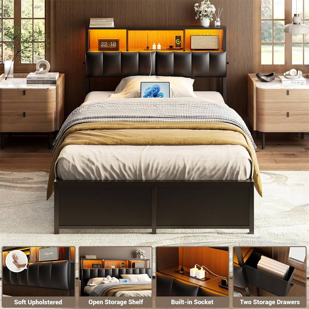 Upholstered Twin Headboard with Hidden Drawer Storage, Headboards for Twin Size with Power Outlet and LED Light