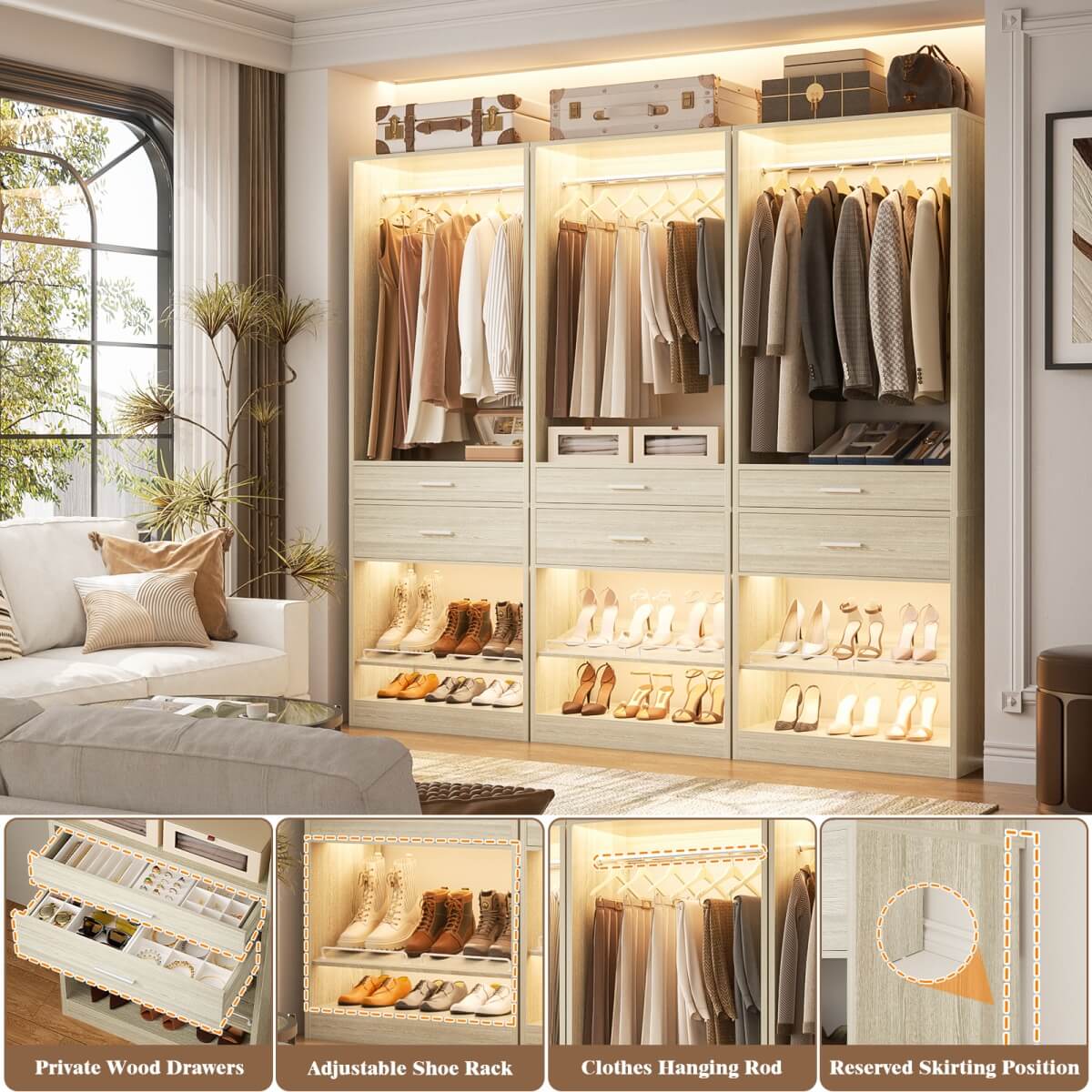 25'' Freestanding Closet System with 2 Wooden Drawers & Adjustable Shoe Rack