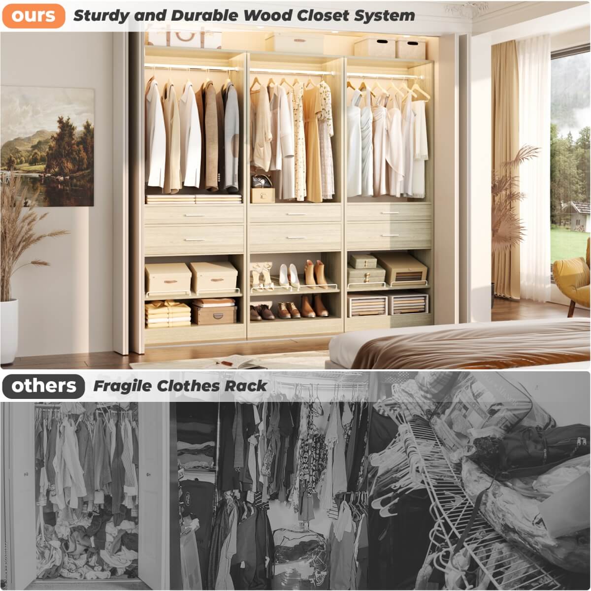 25'' Freestanding Closet System with 2 Wooden Drawers & Adjustable Shoe Rack