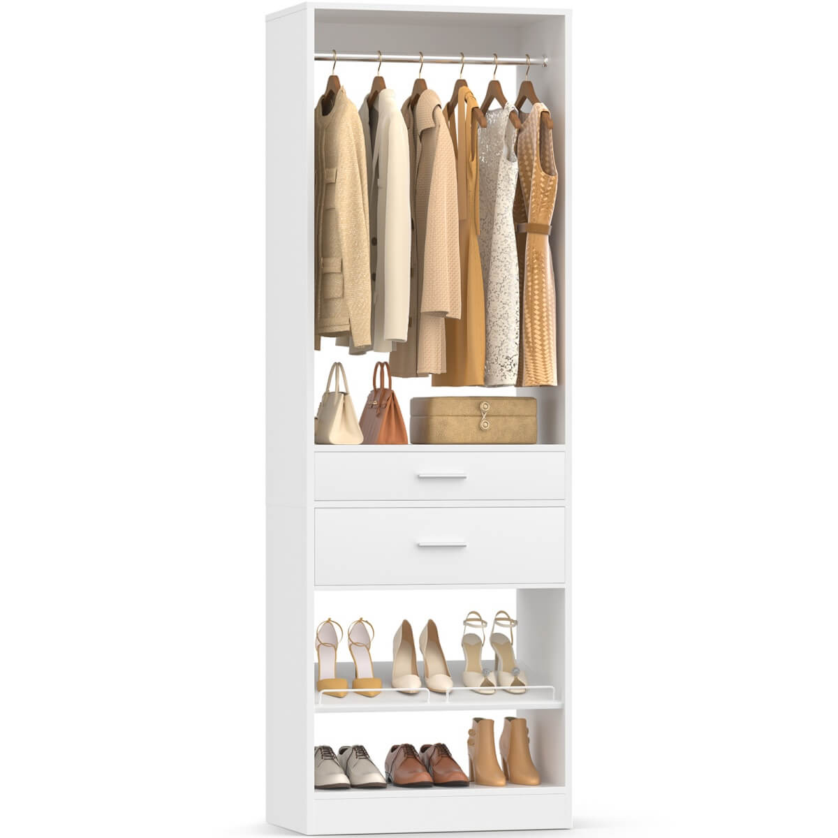 25'' Freestanding Closet System with 2 Wooden Drawers & Adjustable Shoe Rack