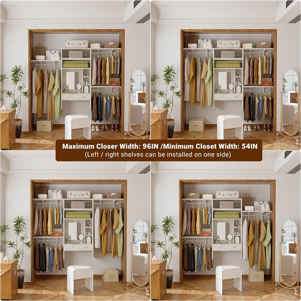 8FT Wall Mounted Closet System with Vanity Desk, with 3 Adjustable Shelves & Hanging Rods, Heavy Duty