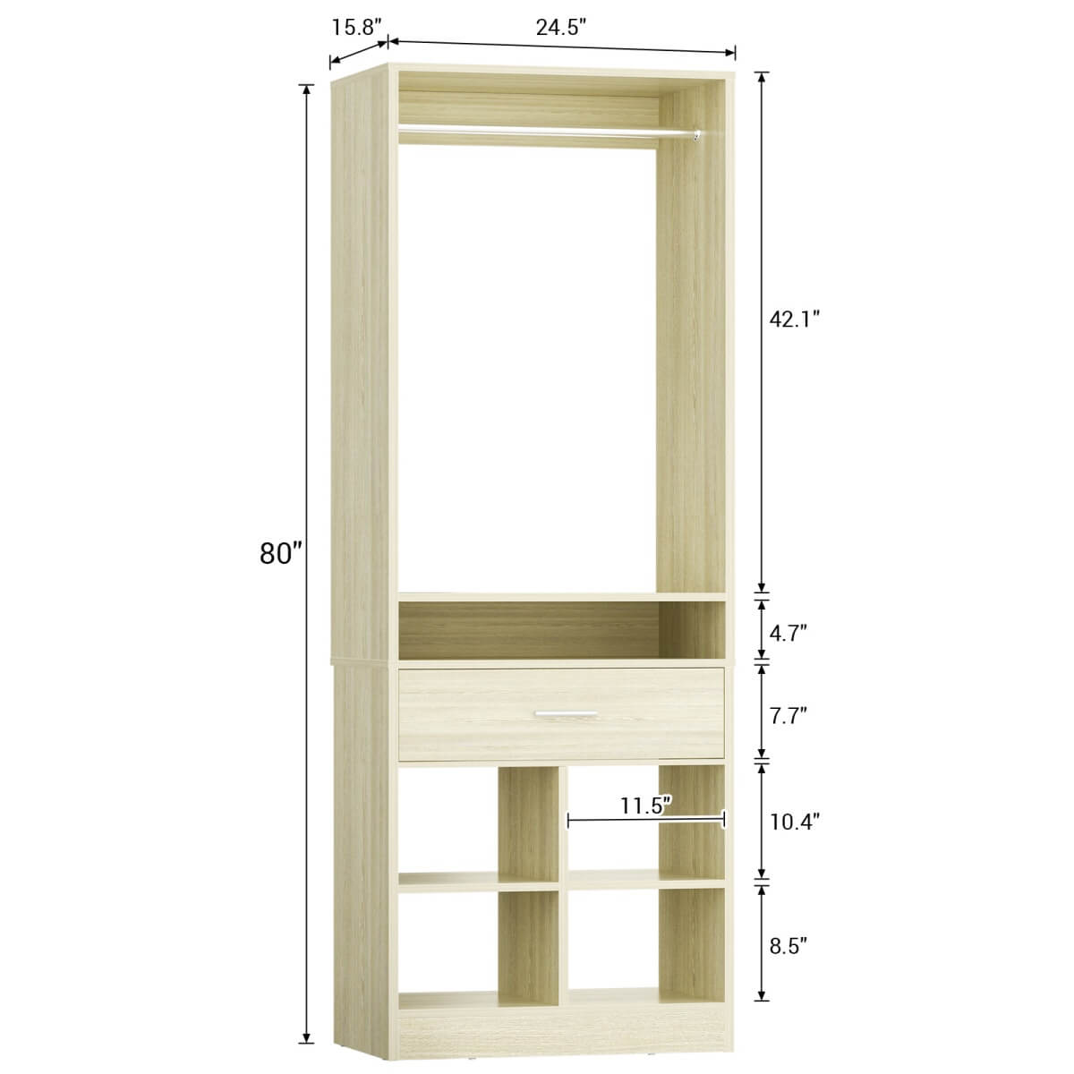 25'' Walk-in Closet System with Wooden Drawers and 4 Cubby Storage, 80'' Height