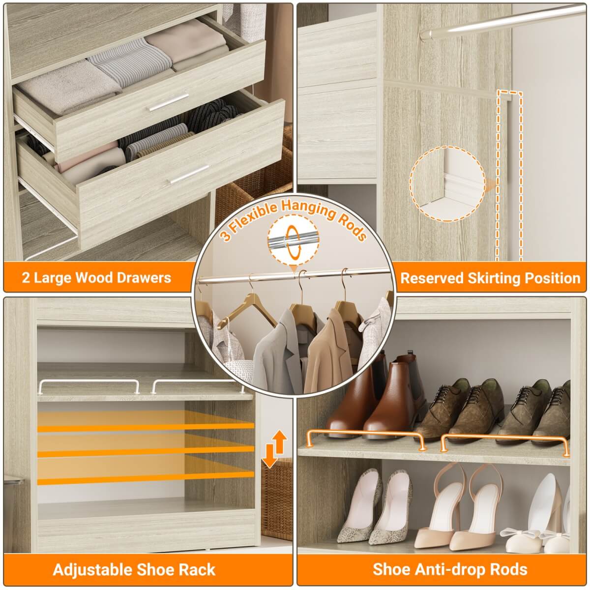 8FT Closet System with 2 Wooden Drawers and Adjustable Shoe Rack