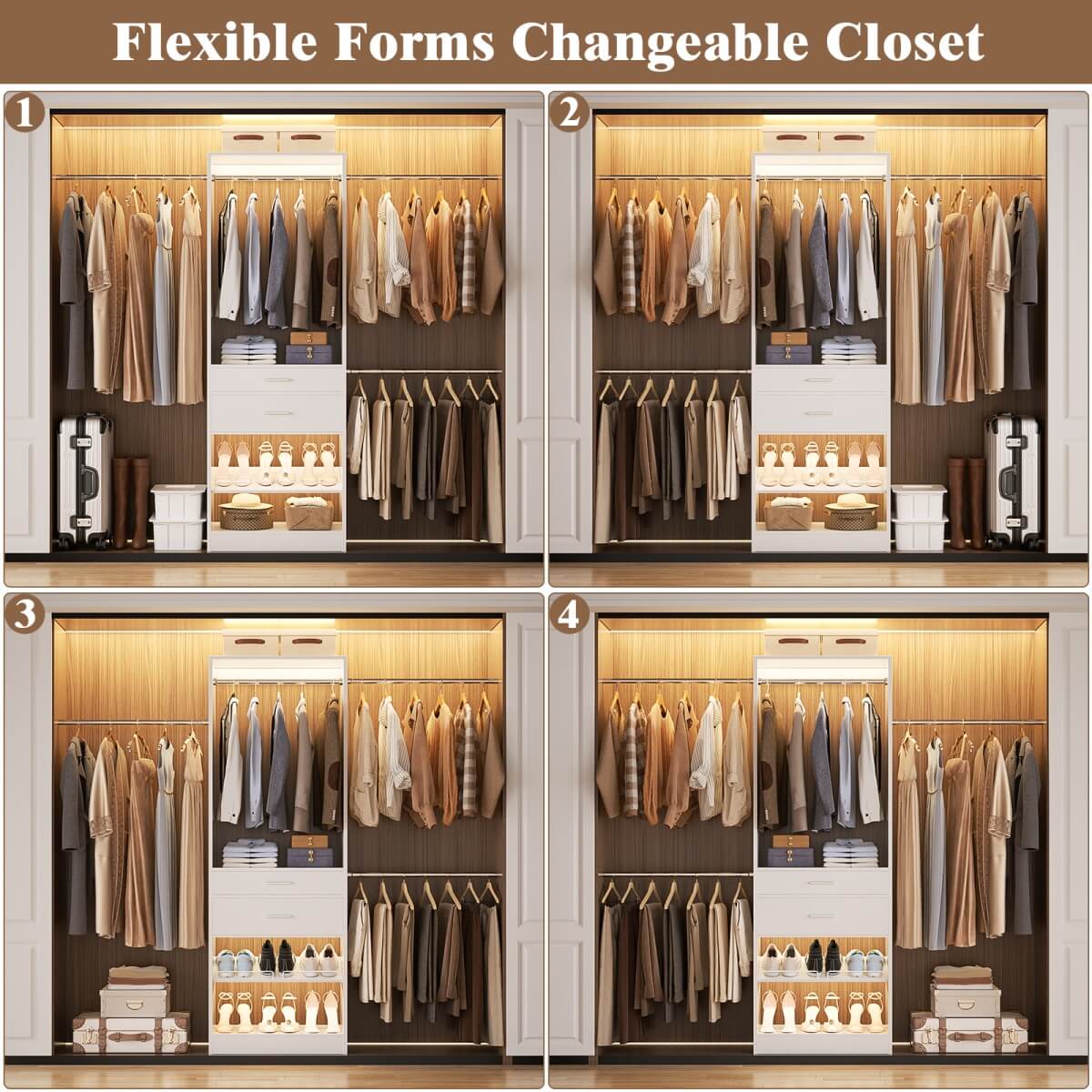 8FT Closet System with 2 Wooden Drawers and Adjustable Shoe Rack