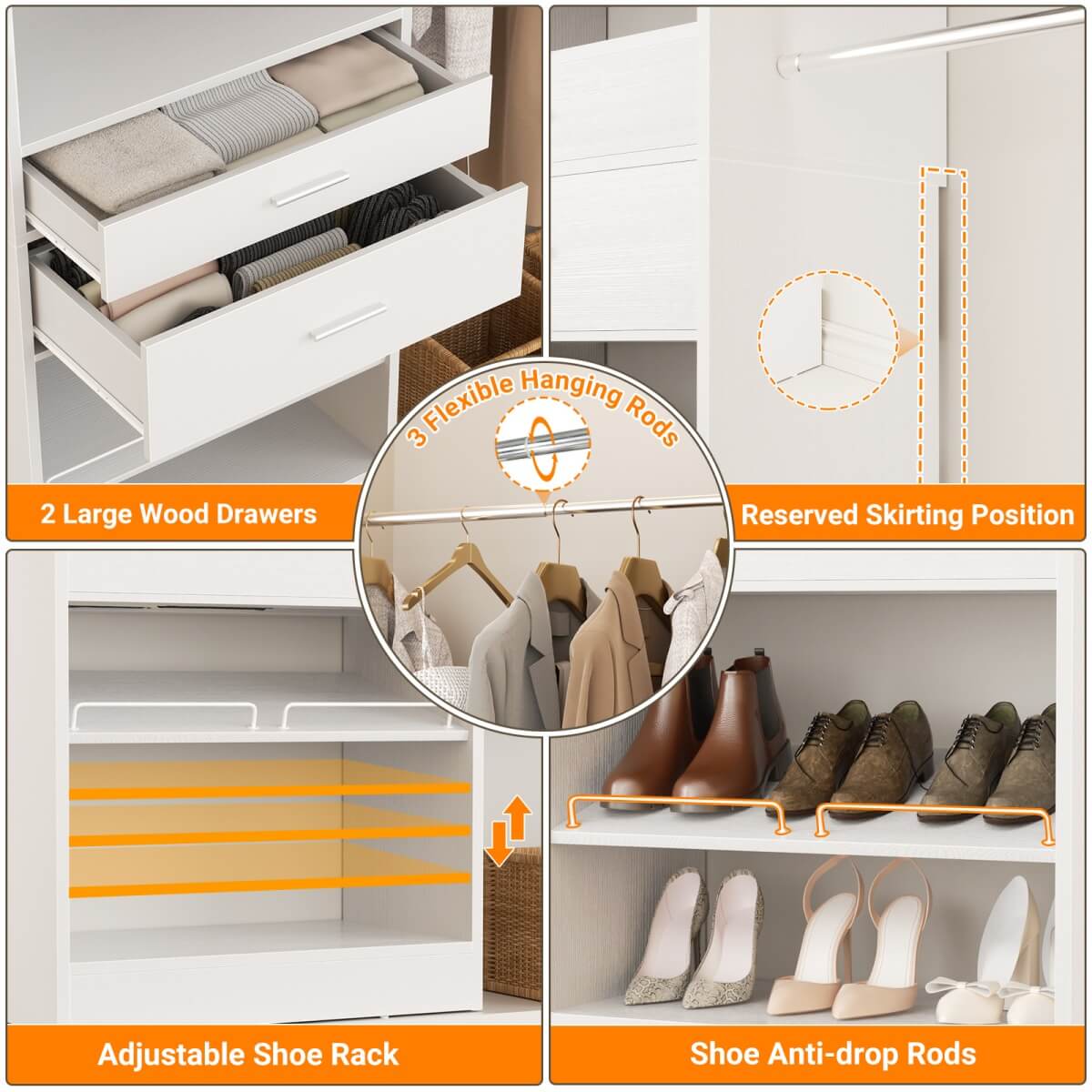 8FT Closet System with 2 Wooden Drawers and Adjustable Shoe Rack