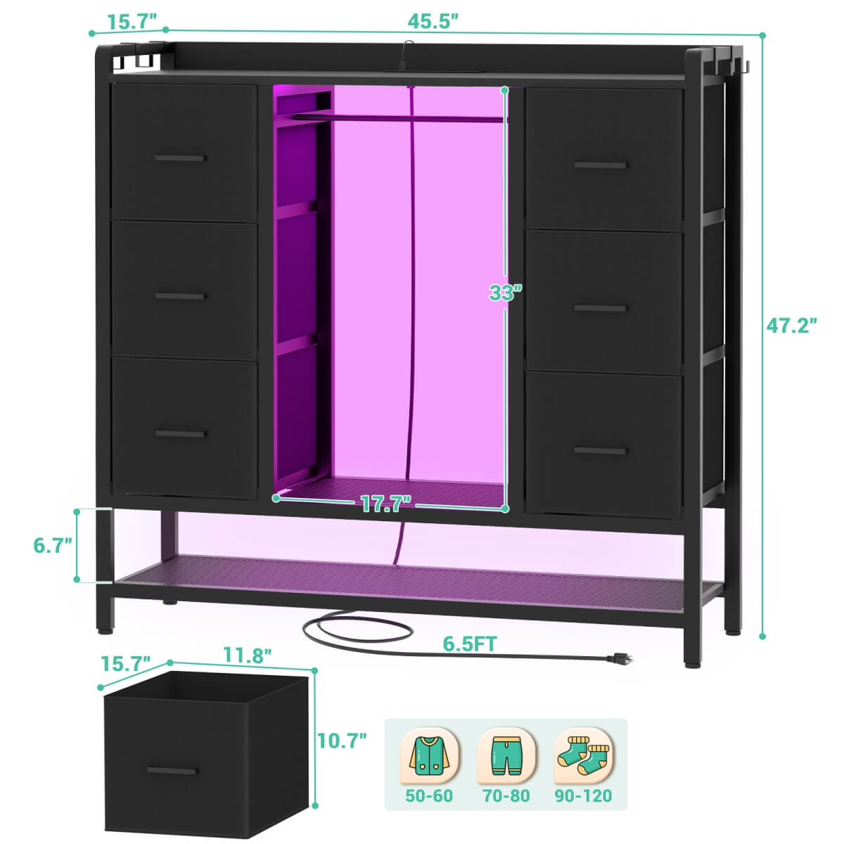 6 Drawer Dresser with Clothed Hanging Rod & Shoe Rack, Tall Dresser with Power Strip & LED Light Strip, for Bedroom, Entryway