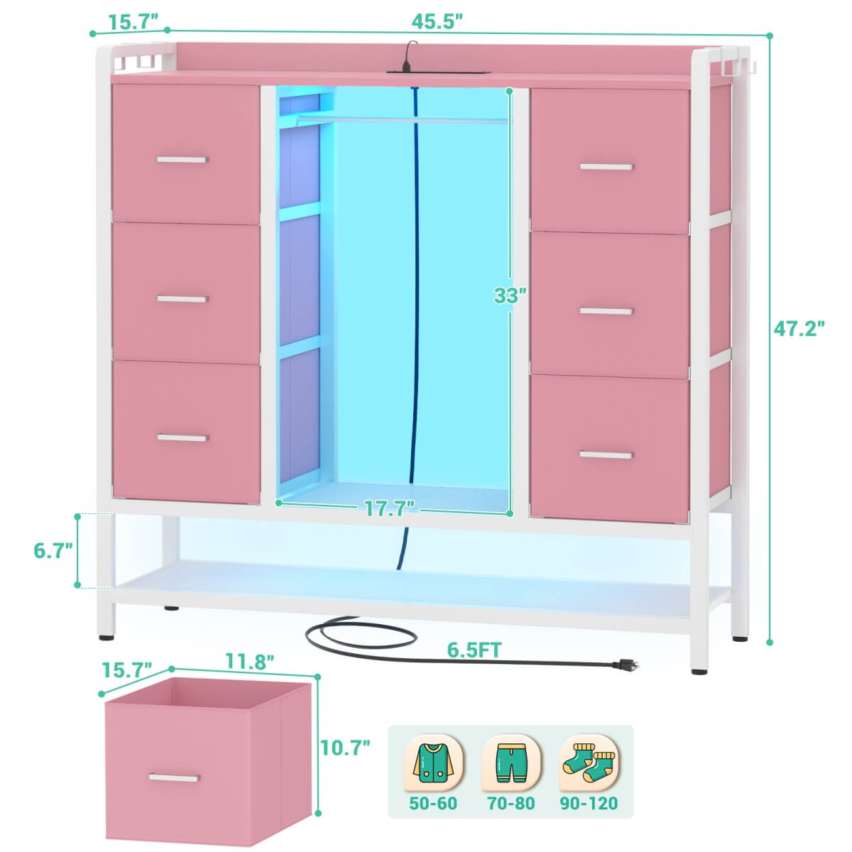 6 Drawer Dresser with Clothed Hanging Rod & Shoe Rack, Tall Dresser with Power Strip & LED Light Strip, for Bedroom, Entryway