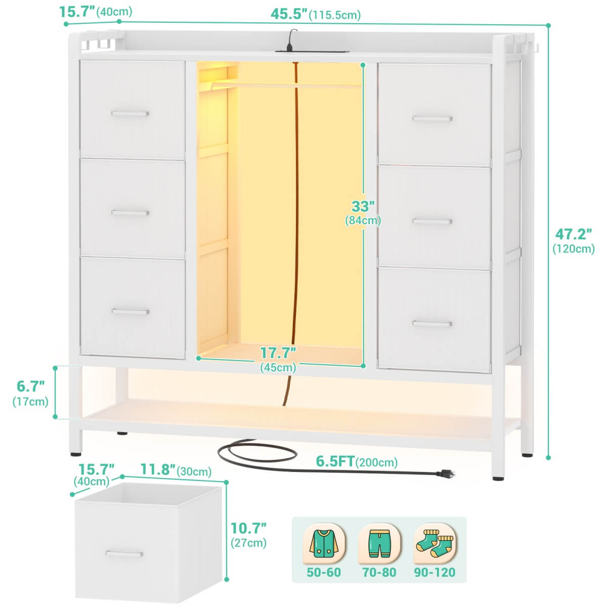 6 Drawer Dresser with Clothed Hanging Rod & Shoe Rack, Tall Dresser with Power Strip & LED Light Strip, for Bedroom, Entryway