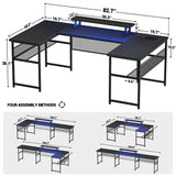 Unikito U Shaped Computer Desk with Power Outlet and LED Strip, Reversible L Shaped Office Desk with Monitor Stand and Storage Shelves, Modern U- Shape Corner Desk, 130 Inch 2 Person Long Table