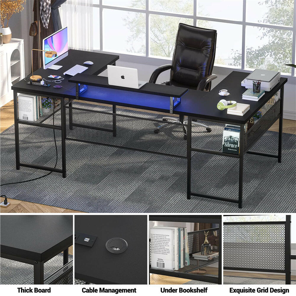 Unikito U Shaped Computer Desk with Power Outlet and LED Strip, Reversible L Shaped Office Desk with Monitor Stand and Storage Shelves, Modern U- Shape Corner Desk, 130 Inch 2 Person Long Table