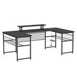 Unikito U Shaped Computer Desk with Power Outlet and LED Strip, Reversible L Shaped Office Desk with Monitor Stand and Storage Shelves, Modern U- Shape Corner Desk, 130 Inch 2 Person Long Table