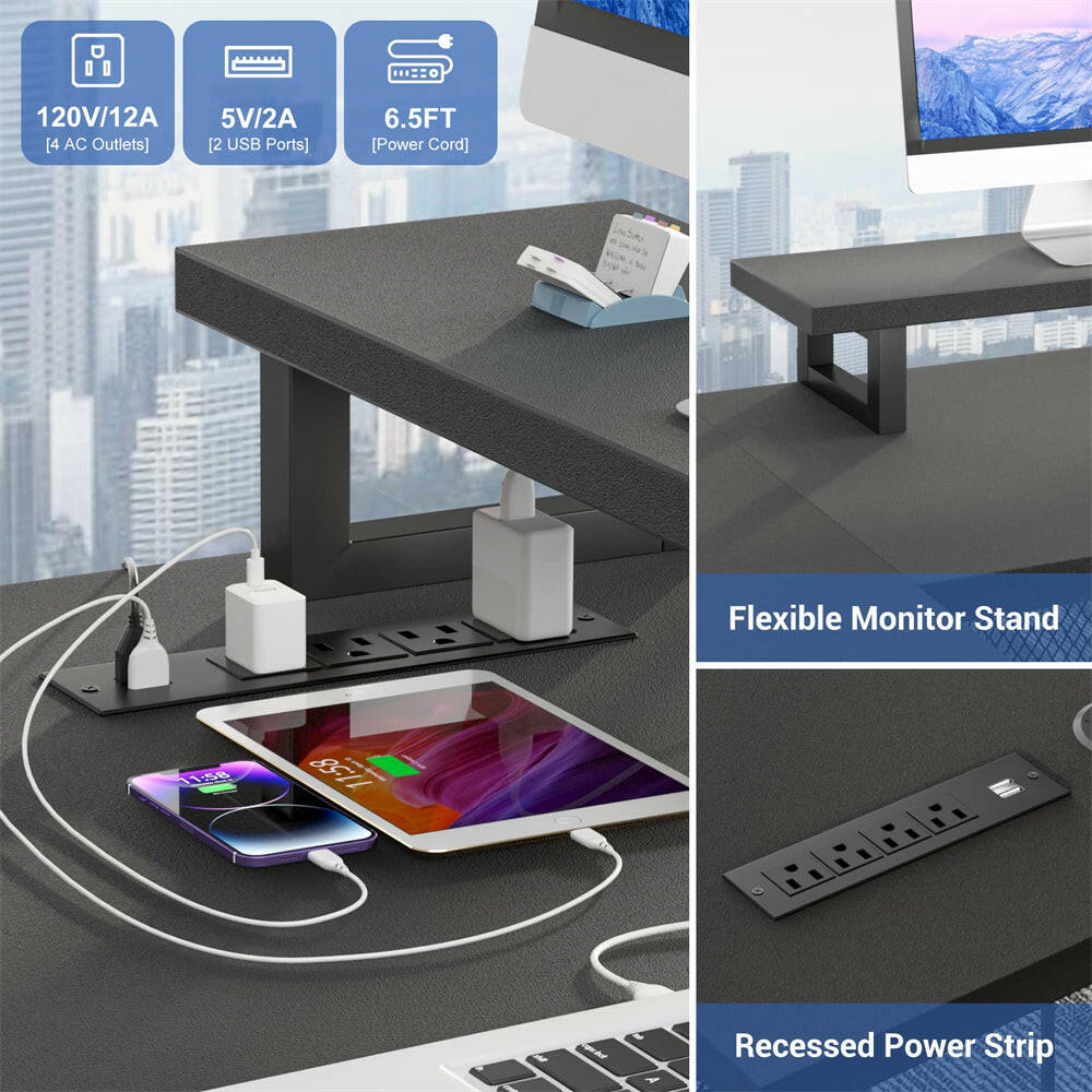 Unikito U Shaped Computer Desk with Power Outlet and LED Strip, Reversible L Shaped Office Desk with Monitor Stand and Storage Shelves, Modern U- Shape Corner Desk, 130 Inch 2 Person Long Table