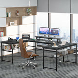 Unikito U Shaped Computer Desk with Power Outlet and LED Strip, Reversible L Shaped Office Desk with Monitor Stand and Storage Shelves, Modern U- Shape Corner Desk, 130 Inch 2 Person Long Table