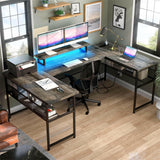 Unikito U Shaped Computer Desk with Power Outlet and LED Strip, Reversible L Shaped Office Desk with Monitor Stand and Storage Shelves, Modern U- Shape Corner Desk, 130 Inch 2 Person Long Table