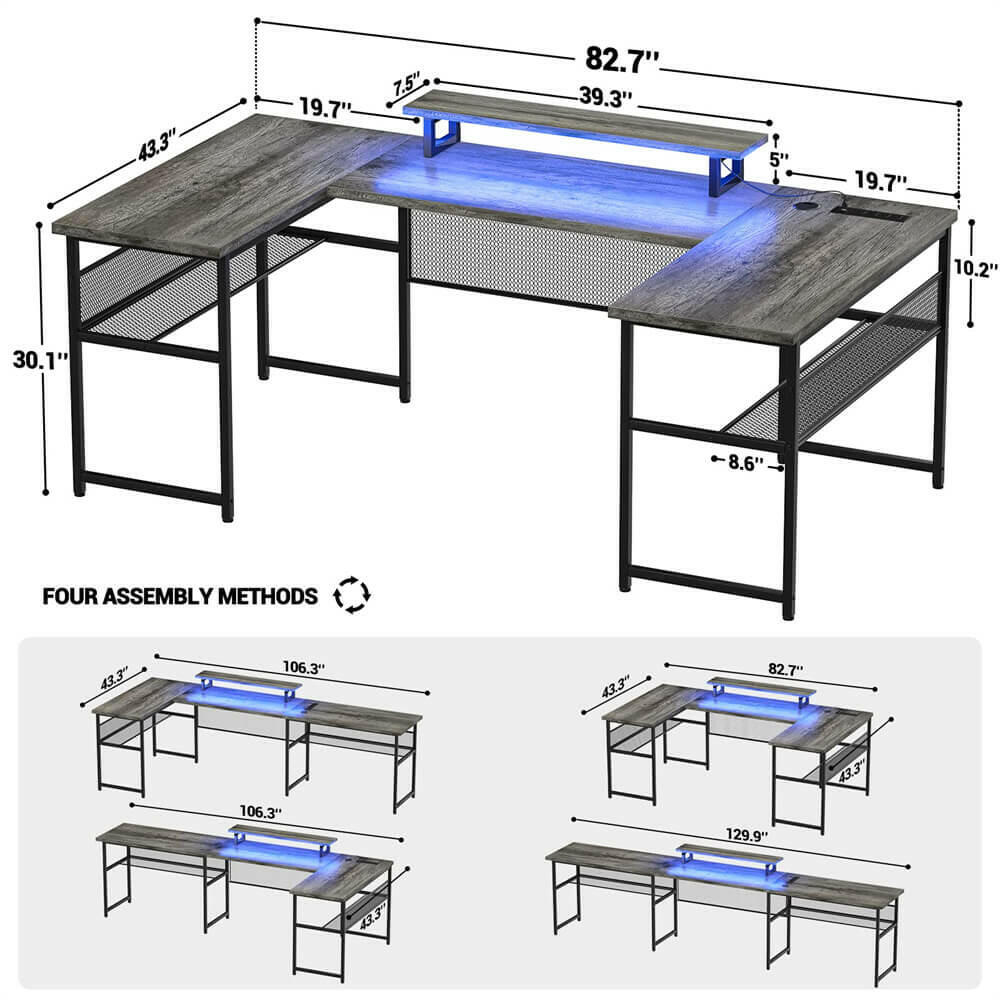 Unikito U Shaped Computer Desk with Power Outlet and LED Strip, Reversible L Shaped Office Desk with Monitor Stand and Storage Shelves, Modern U- Shape Corner Desk, 130 Inch 2 Person Long Table