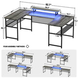 Unikito U Shaped Computer Desk with Power Outlet and LED Strip, Reversible L Shaped Office Desk with Monitor Stand and Storage Shelves, Modern U- Shape Corner Desk, 130 Inch 2 Person Long Table