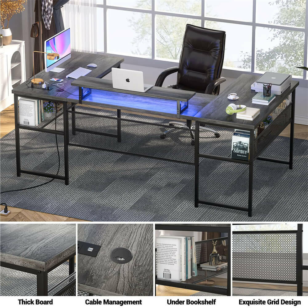 Unikito U Shaped Computer Desk with Power Outlet and LED Strip, Reversible L Shaped Office Desk with Monitor Stand and Storage Shelves, Modern U- Shape Corner Desk, 130 Inch 2 Person Long Table