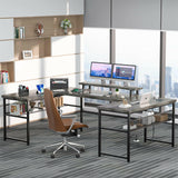 Unikito U Shaped Computer Desk with Power Outlet and LED Strip, Reversible L Shaped Office Desk with Monitor Stand and Storage Shelves, Modern U- Shape Corner Desk, 130 Inch 2 Person Long Table