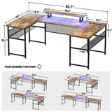 Unikito U Shaped Computer Desk with Power Outlet and LED Strip, Reversible L Shaped Office Desk with Monitor Stand and Storage Shelves, Modern U- Shape Corner Desk, 130 Inch 2 Person Long Table