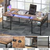 Unikito U Shaped Computer Desk with Power Outlet and LED Strip, Reversible L Shaped Office Desk with Monitor Stand and Storage Shelves, Modern U- Shape Corner Desk, 130 Inch 2 Person Long Table