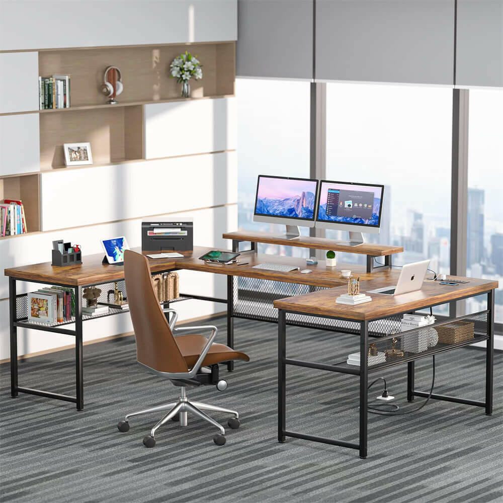 Unikito U Shaped Computer Desk with Power Outlet and LED Strip, Reversible L Shaped Office Desk with Monitor Stand and Storage Shelves, Modern U- Shape Corner Desk, 130 Inch 2 Person Long Table