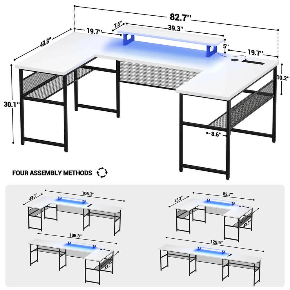 Unikito U Shaped Computer Desk with Power Outlet and LED Strip, Reversible L Shaped Office Desk with Monitor Stand and Storage Shelves, Modern U- Shape Corner Desk, 130 Inch 2 Person Long Table