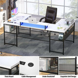 Unikito U Shaped Computer Desk with Power Outlet and LED Strip, Reversible L Shaped Office Desk with Monitor Stand and Storage Shelves, Modern U- Shape Corner Desk, 130 Inch 2 Person Long Table