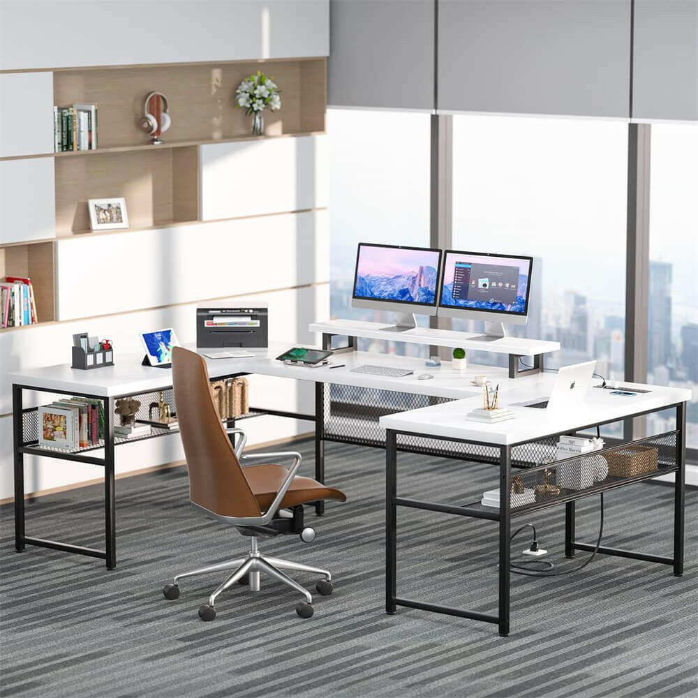 Unikito U Shaped Computer Desk with Power Outlet and LED Strip, Reversible L Shaped Office Desk with Monitor Stand and Storage Shelves, Modern U- Shape Corner Desk, 130 Inch 2 Person Long Table