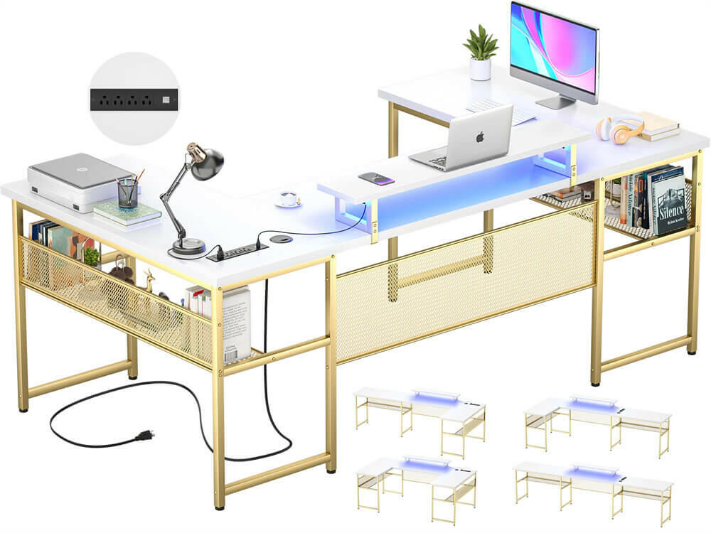 Unikito U Shaped Computer Desk with Power Outlet and LED Strip, Reversible L Shaped Office Desk with Monitor Stand and Storage Shelves, Modern U- Shape Corner Desk, 130 Inch 2 Person Long Table