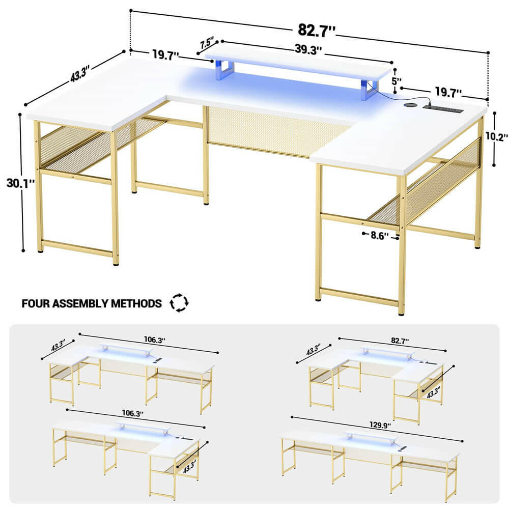 Unikito U Shaped Computer Desk with Power Outlet and LED Strip, Reversible L Shaped Office Desk with Monitor Stand and Storage Shelves, Modern U- Shape Corner Desk, 130 Inch 2 Person Long Table