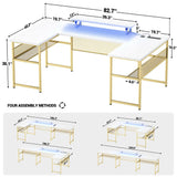 Unikito U Shaped Computer Desk with Power Outlet and LED Strip, Reversible L Shaped Office Desk with Monitor Stand and Storage Shelves, Modern U- Shape Corner Desk, 130 Inch 2 Person Long Table