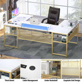 Unikito U Shaped Computer Desk with Power Outlet and LED Strip, Reversible L Shaped Office Desk with Monitor Stand and Storage Shelves, Modern U- Shape Corner Desk, 130 Inch 2 Person Long Table