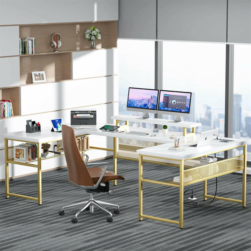 Unikito U Shaped Computer Desk with Power Outlet and LED Strip, Reversible L Shaped Office Desk with Monitor Stand and Storage Shelves, Modern U- Shape Corner Desk, 130 Inch 2 Person Long Table