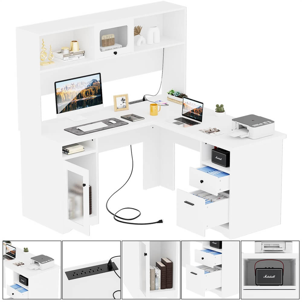 Unikito L Shaped Desk with Drawers, 60 Inch Office Desk with Power Outlet and LED Lights, Sturdy Corner Computer Desk with Hutch and File Cabinets, 2 Person Home Office Gaming Table