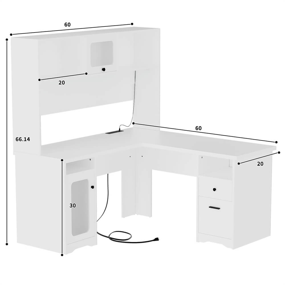 Unikito L Shaped Desk with Drawers, 60 Inch Office Desk with Power Outlet and LED Lights, Sturdy Corner Computer Desk with Hutch and File Cabinets, 2 Person Home Office Gaming Table