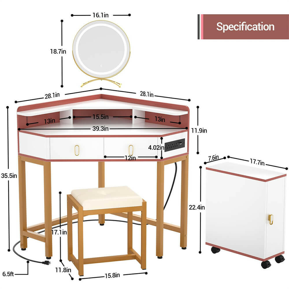 Unikito Corner Vanity Desk with Mirror and Lights Makeup Vanity Table with Reversible Cabinet, 2 Drawers, Power Outlet, Vanity Stool Vanity Set for Bedroom with Large Storage Brown White