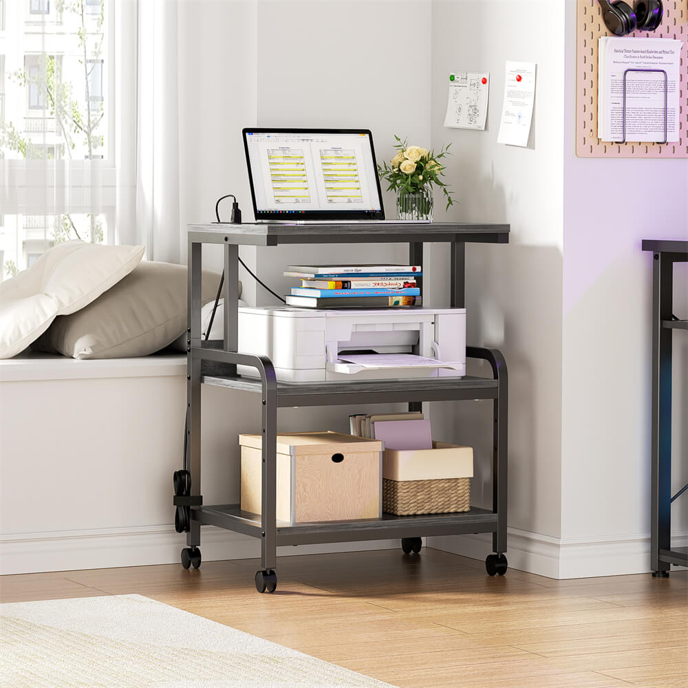 3-Tier Printer Stand on Wheels, with Power Outlets, Removable