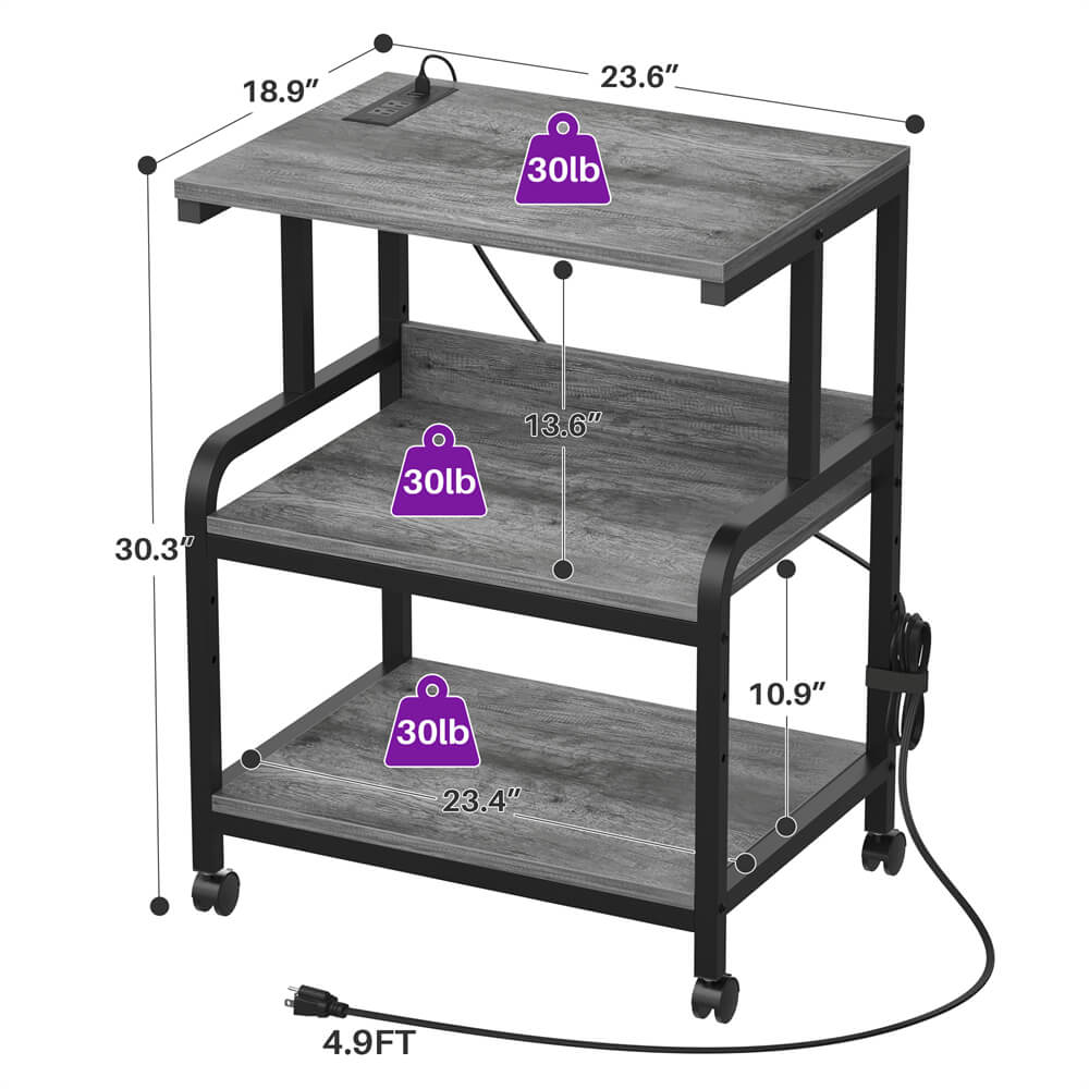 3-Tier Printer Stand on Wheels, with Power Outlets, Removable