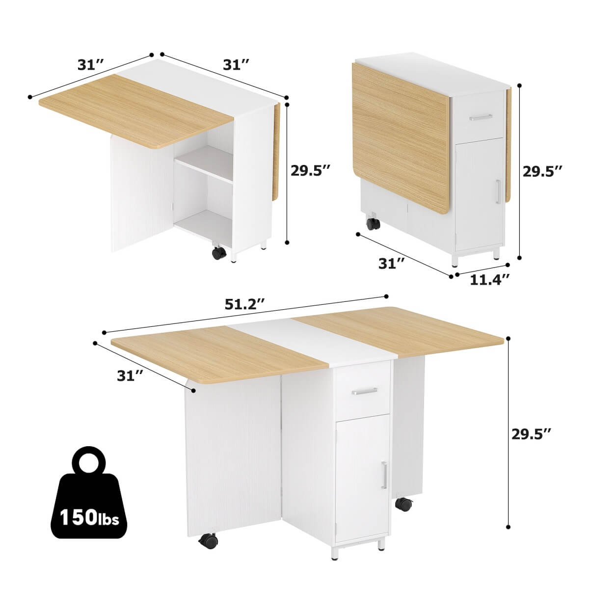 Folding Dining Table with Storage, 51.2'' Dining Table for 2-4 People