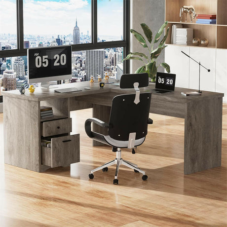 Unikito Lift Top L Shaped Desk with Drawer, Large Office Desk with Power Outlets and USB Charging Ports, Sturdy Corner Computer Desk Writing Table with Storage, L Shape Standing Desk