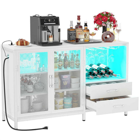 Unikito Wine Bar Cabinet with Charging Station and LED Lights, Liquor Cabinet Bar with Wine Rack, Industrial Sideboard Buffet with Drawers, Farmhouse Wood Mental Coffee Bar for Home, Kitchen