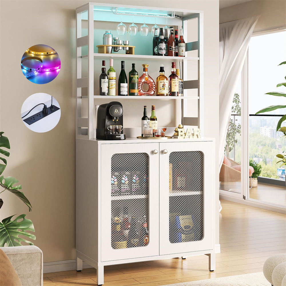 Unikito Tall Wine Bar Cabinet with LED Light and Power Strip, 67'' Standing Liquor Cabinet with Door & Glass Holder, Coffee Bar Cabinet, Bakers Rack Cabinet, for Living Room, Kitchen