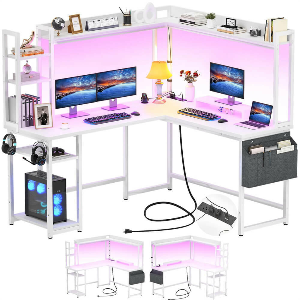 Unikito L Shaped Desk with Power Outlet, L Shaped Gaming Desk with Led Light & Hutch, Reversible Home Office Desk, Corner Computer Desk Writing Desk with Monitor Stand & Storage Shelves