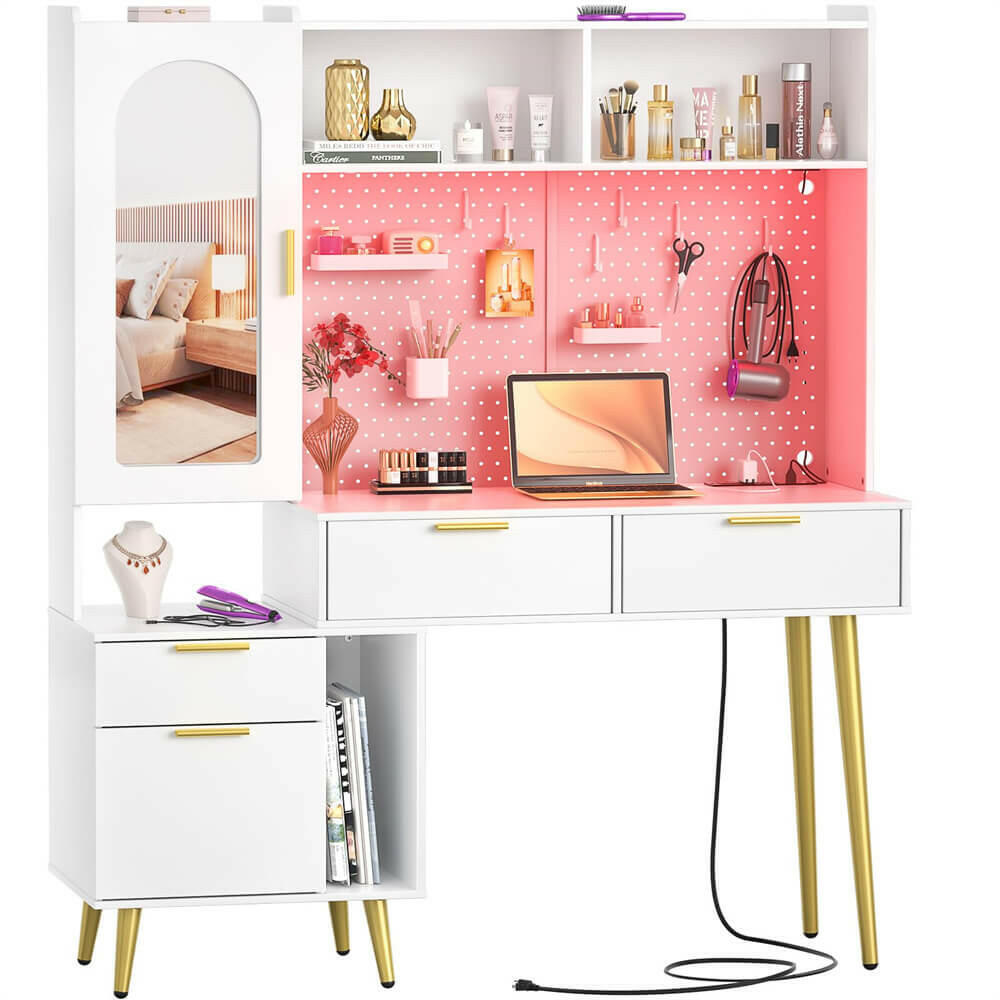 Unikito 48'' Makeup Vanity with Hutch, White Bedroom Vanity with Charging Station and LED, Tall Vanity Table with Pegboard, Mirror, 5 Big Drawers & Shelves, Cabinet, Bedroom Dressing Tables