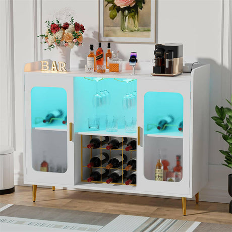 Unikito Liquor Cabinet Bar with Power Outlet and LED Light, Wine Bar Cabinet with Wine and Glasses Rack, Home Coffee Bar Cabinet, Buffet Sideboard with Storage Shelf for Kitchen, Dining Room