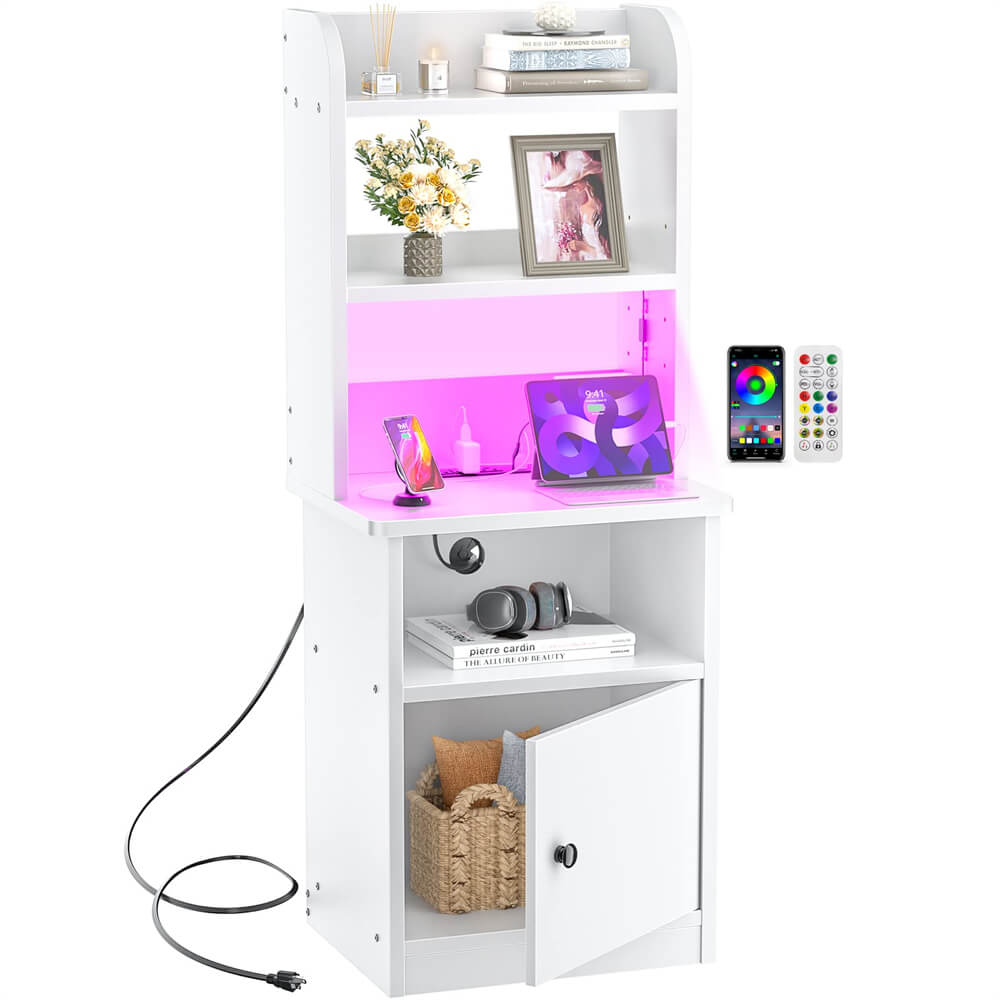 Tall Nightstand with Charging Station and LED Lights, 47 inch Height, with Bookshelf and Storage Cabinet