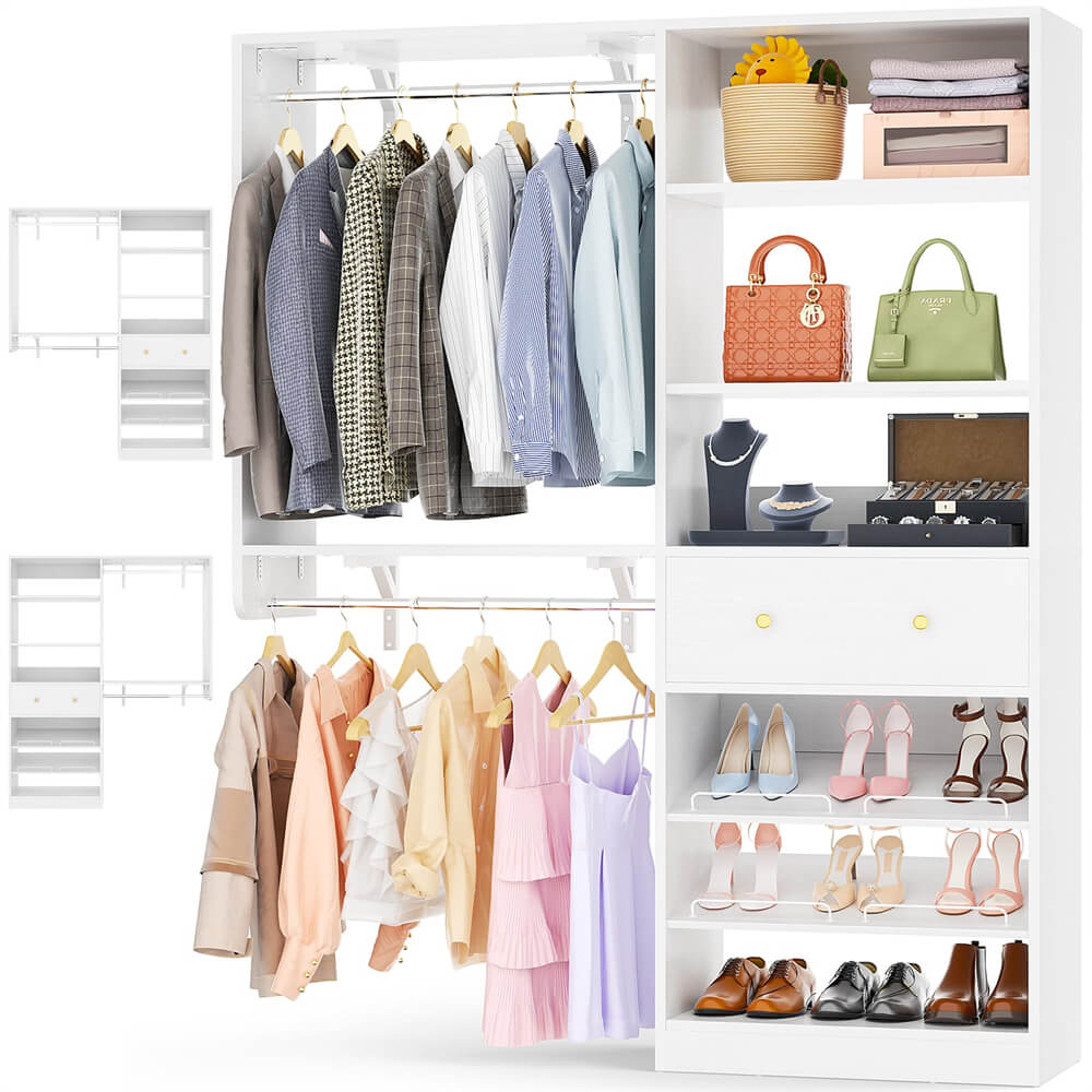 5FT Closet System with Drawer, Reversible Wood Closet Organizer with Hanging Rods, Hanging Shelves, and Shoe Rack